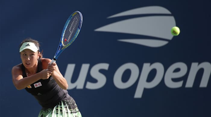 Aug 26, 2019; Flushing, NY, USA; Shuai Peng of China returns a shot against Varvara Lepchenko of the United States in a first round match on day one of the 2019 U.S. Open tennis tournament at USTA Billie Jean King National Tennis Center.